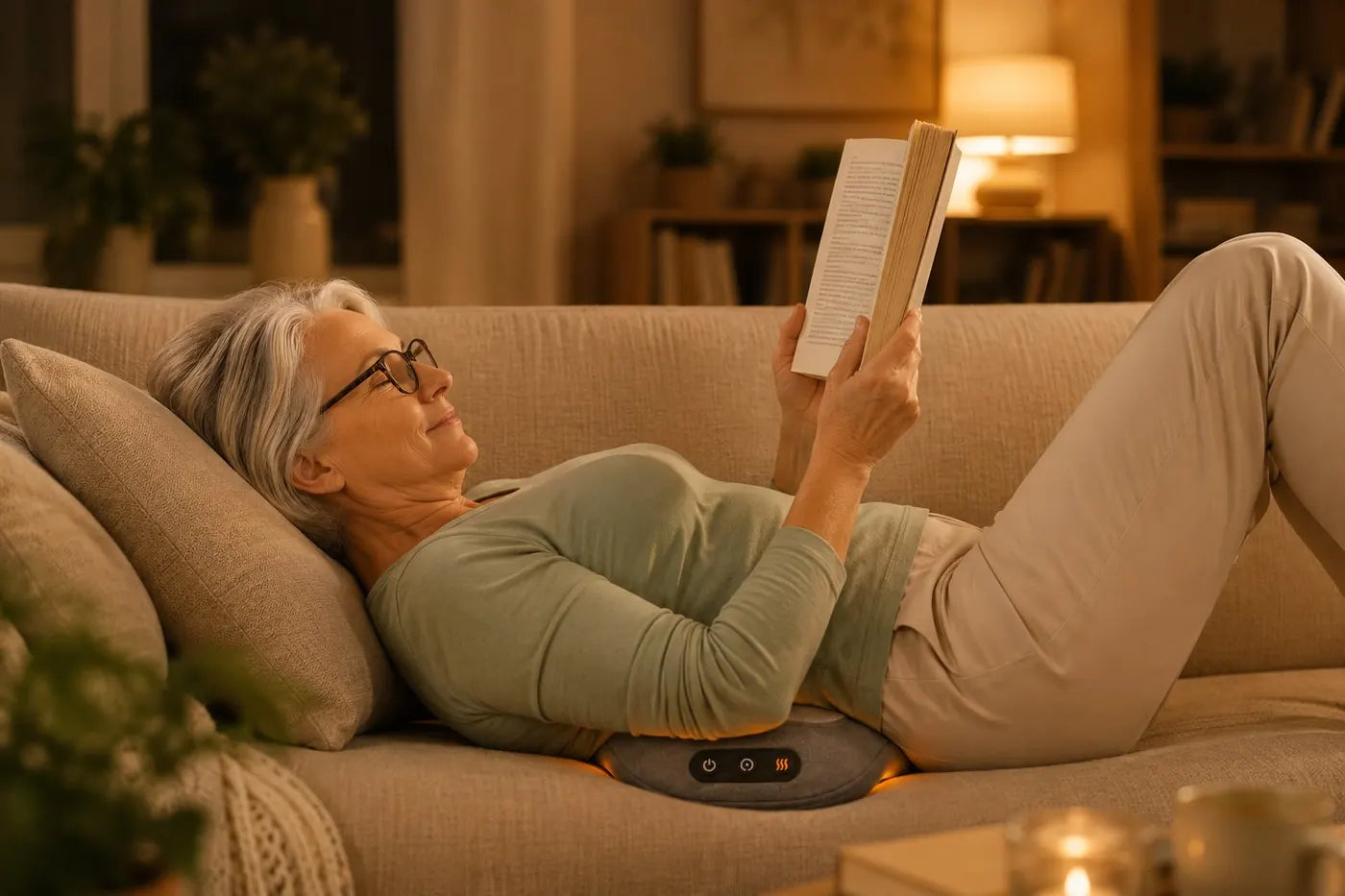Frau entspannt auf Sofa mit ThermaLuxa RelaxPro