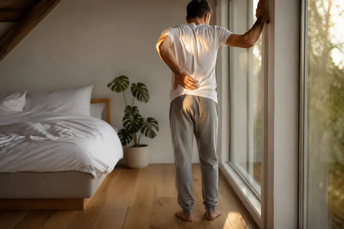 Person steht morgens am Fenster und greift an den unteren Rücken