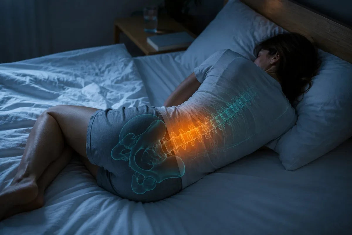 Person in Seitenlage im Bett — die semi-transparente Wirbelsäulen-Darstellung zeigt die Verdrehung des Beckens