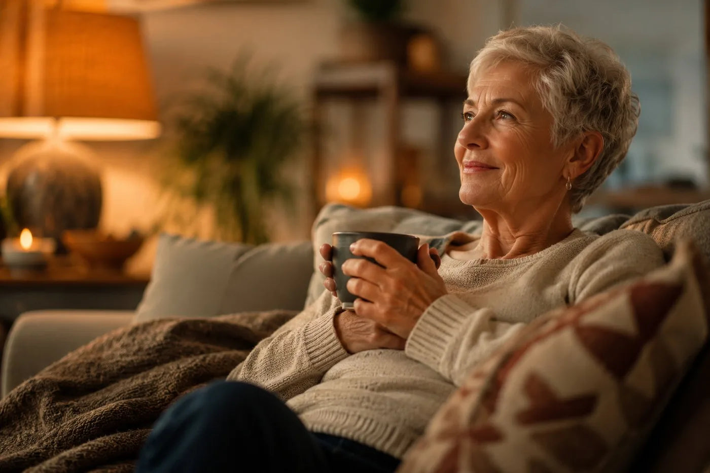 Frau entspannt mit einer Tasse Tee auf dem Sofa