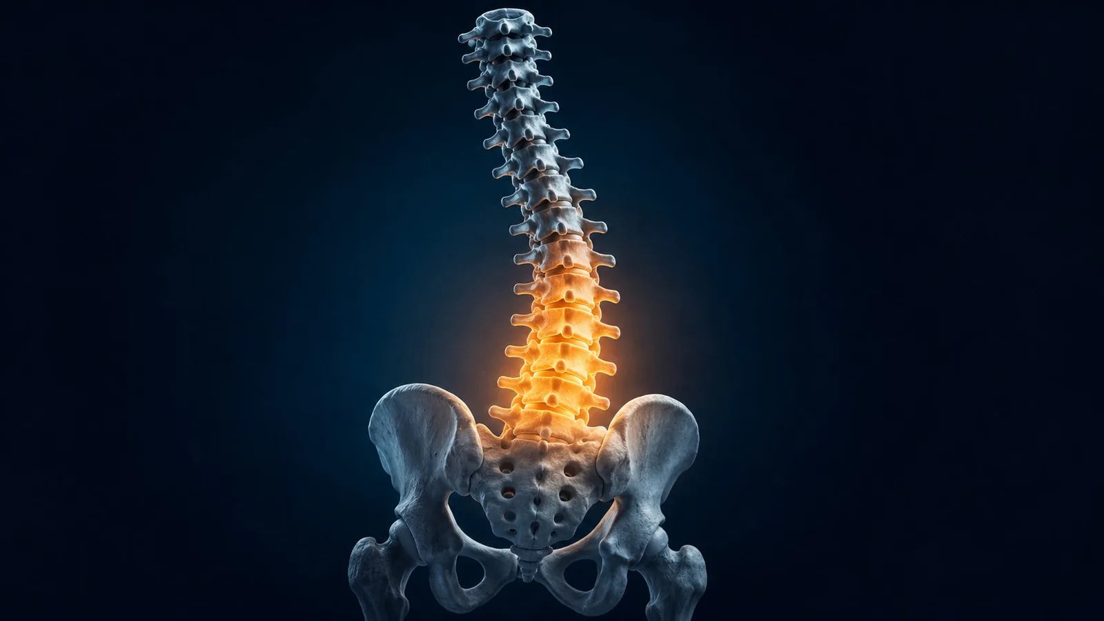 Anatomische 3D-Darstellung der Wirbelsaeule mit hervorgehobenem unteren Ruecken