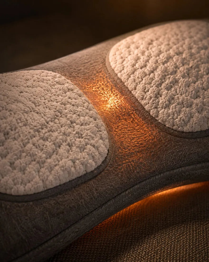 Detailaufnahme: Akupressur-Pads und warmes Licht