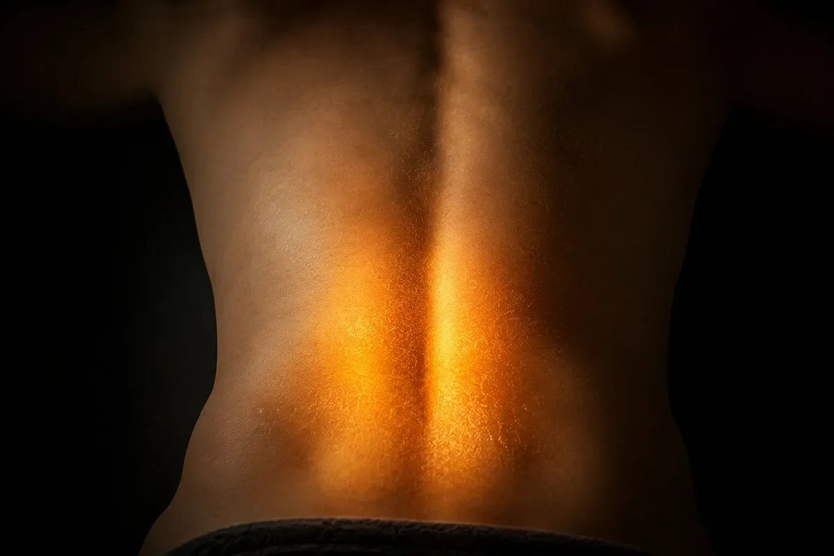 Close-Up des unteren Rückens mit warmem, goldenem Lichtschein — die Wirkung therapeutischer Wärme auf das Gewebe