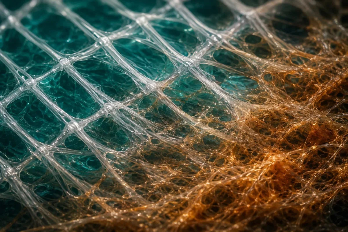 Extreme Makro-Aufnahme von faszialem Gewebe — links gesundes, ordentliches Netzwerk in Teal, rechts verfilzte, verklebte Fasern in Orange