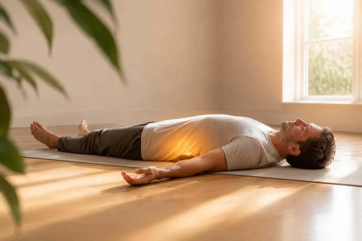 Person in Savasana-Position auf einer Matte — warmes Licht fällt auf den unteren Rücken, völlige Entspannung