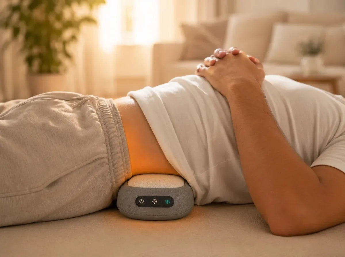 Nahaufnahme: Person liegt entspannt mit einem modernen Wärmegerät am unteren Rücken — warmer Glow, Premium-Wohnzimmer im Hintergrund