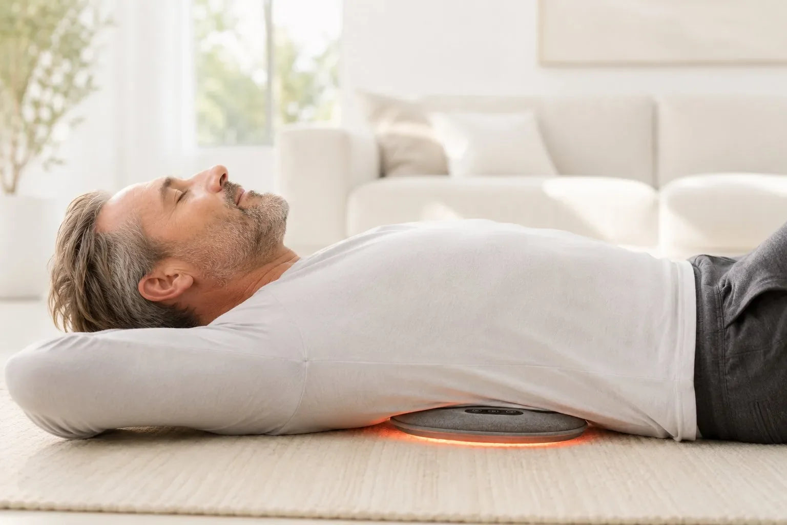 Mann liegt entspannt auf dem Boden, ThermaLuxa RelaxPro unter dem unteren Rücken mit warmem Glow